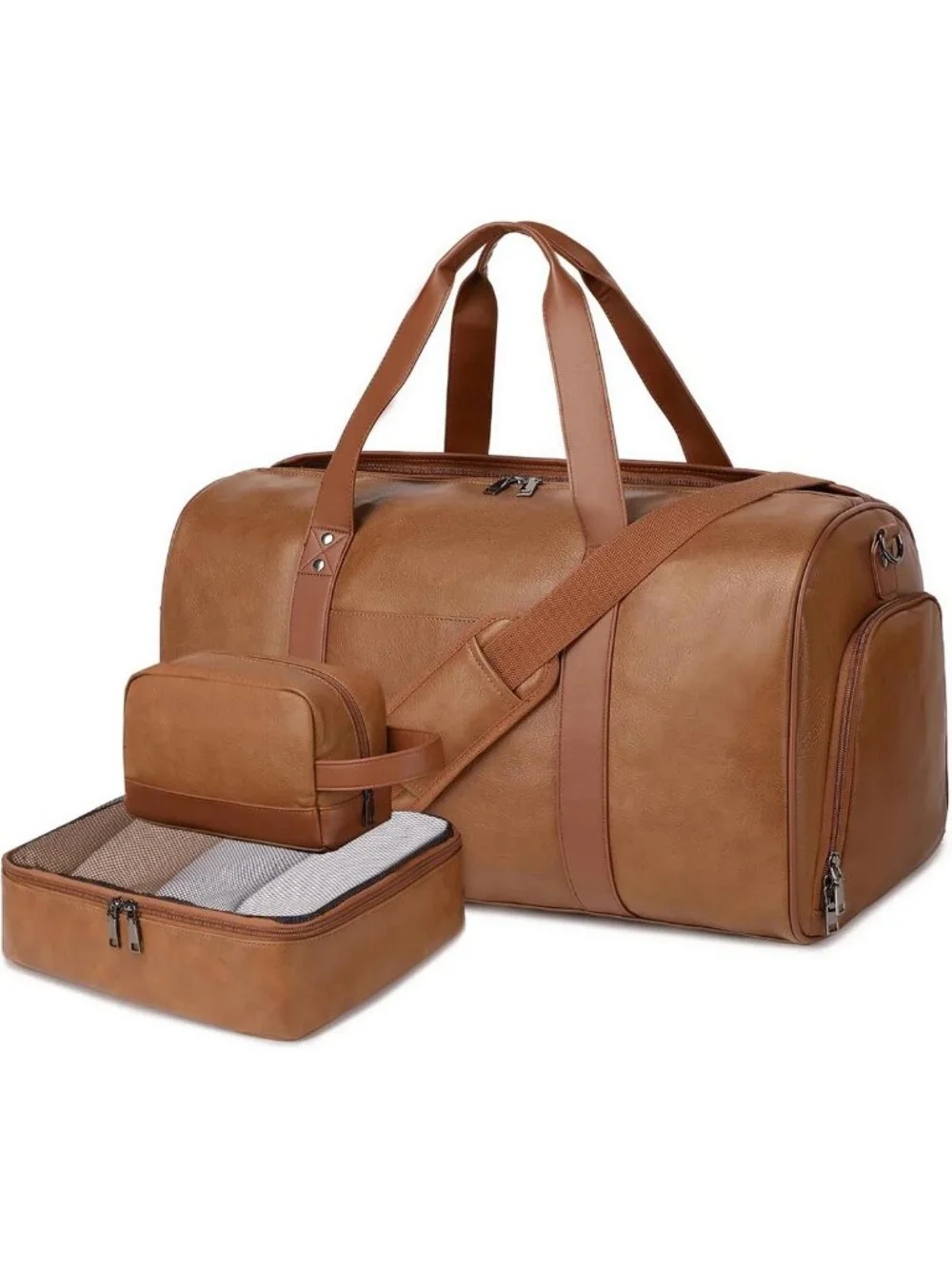 3PCS Faux Leather Weekender Travel Bag Set | Overnight Duffel with Shoe